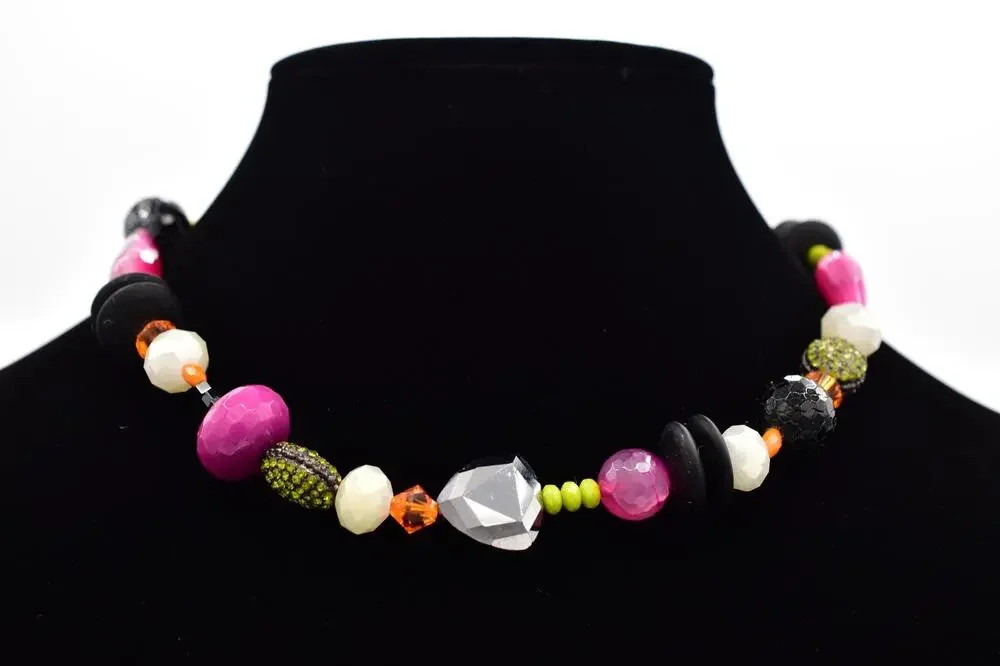 Vintage Glass Beaded Collar Necklace Crystal Purple Orange Black Halloween BinBL